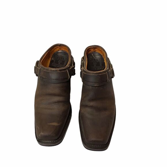 FRYE Belted Harness Brown Leather Mules Made in USA Womens Size US 7.5 - Picture 1 of 16
